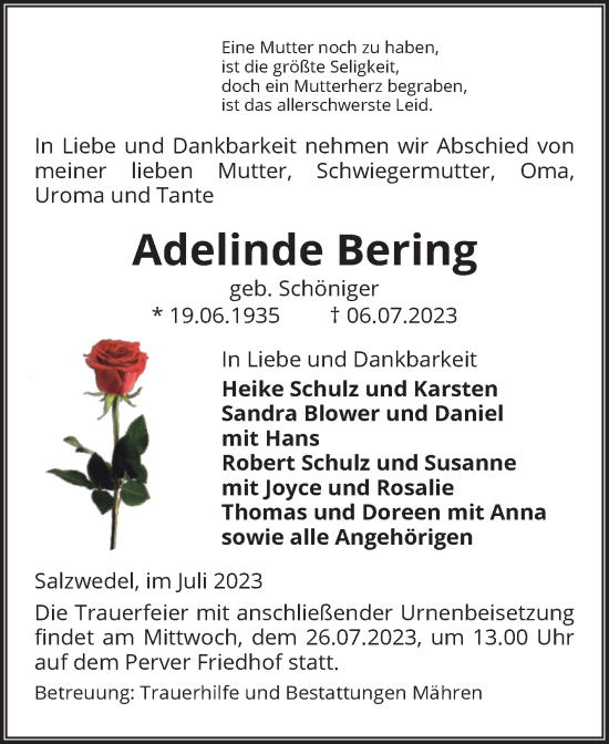 Traueranzeige von Adelinde Bering von Volksstimme Altmark West