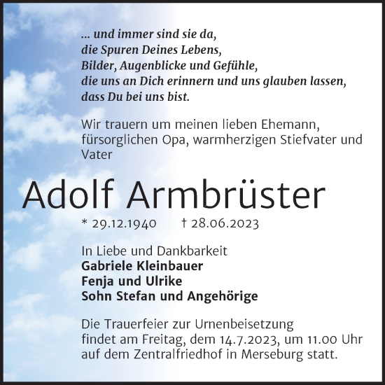 Traueranzeige von Adolf Armbrüster von Trauerkombi Merseburg