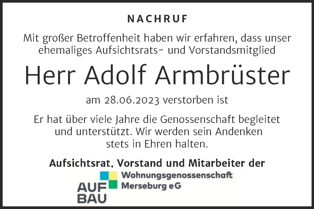  Traueranzeige für Adolf Armbrüster vom 15.07.2023 aus Mitteldeutsche Zeitung Merseburg/Querfurt