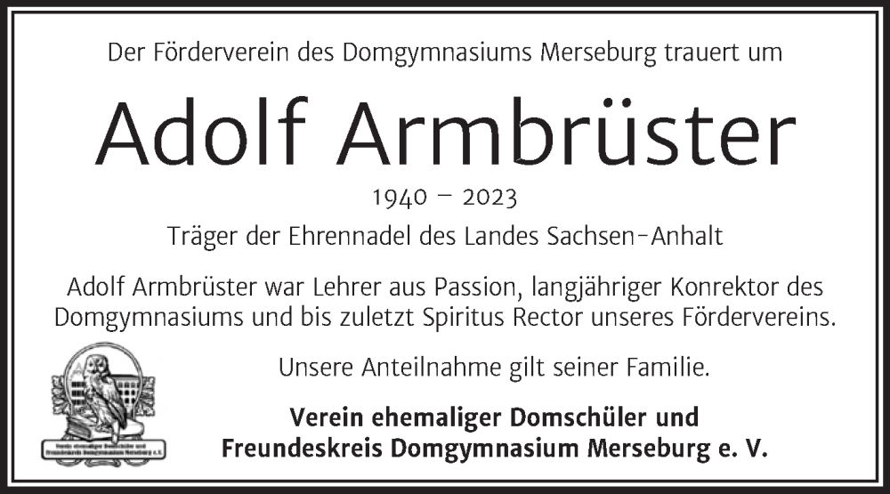  Traueranzeige für Adolf Armbrüster vom 08.07.2023 aus Trauerkombi Merseburg