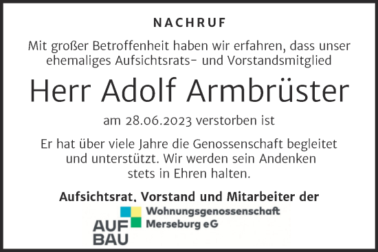Traueranzeige von Adolf Armbrüster von Mitteldeutsche Zeitung Merseburg/Querfurt