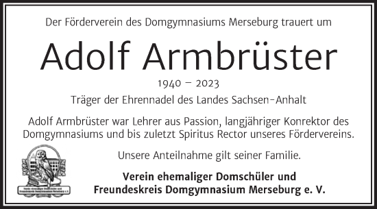 Traueranzeige von Adolf Armbrüster von Trauerkombi Merseburg