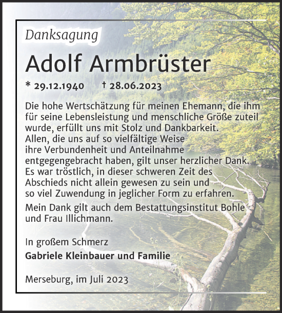 Traueranzeige von Adolf Armbrüster von Trauerkombi Merseburg