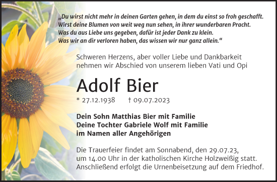 Traueranzeige von Adolf Bier von Trauerkombi Bitterfeld