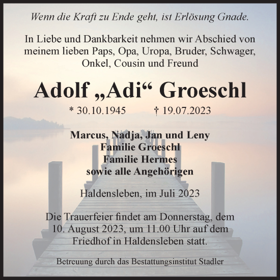 Traueranzeige von Adolf Groeschl von Volksstimme Haldensleben/Wolmirstedt