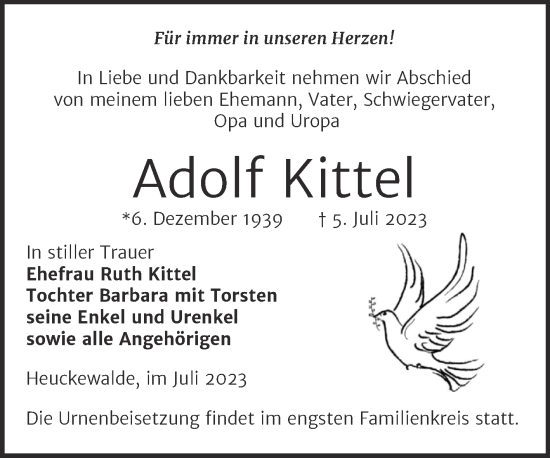 Traueranzeige von Adolf Kittel von Trauerkombi Zeitz