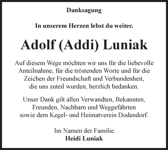 Traueranzeige von Adolf Luniak von Volksstimme Oschersleben/Wanzleben