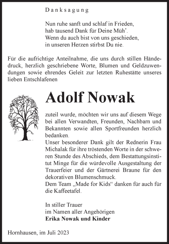 Traueranzeige von Adolf Nowak von Volksstimme Oschersleben/Wanzleben