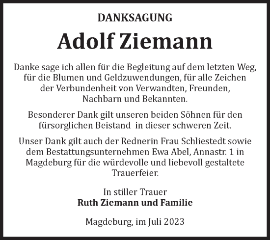 Traueranzeige von Adolf Ziemann von Volksstimme Magdeburg