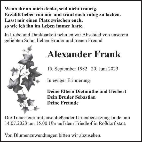 Traueranzeige von Alexander Frank von Trauerkombi Bitterfeld