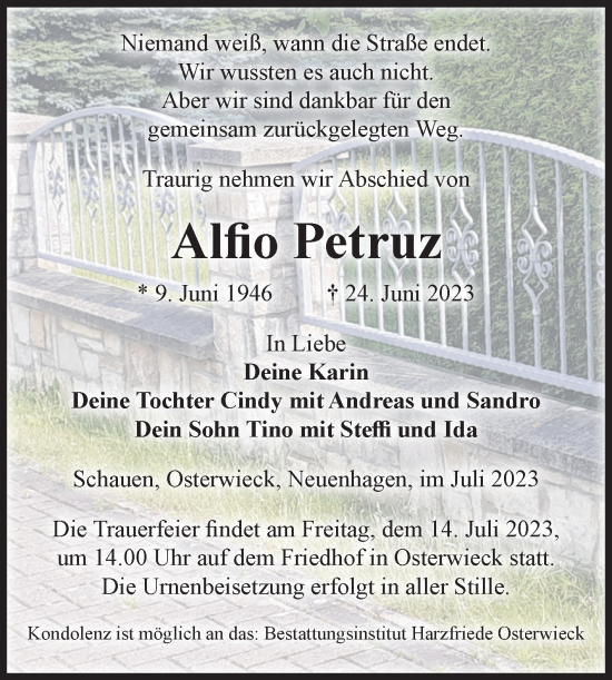 Traueranzeige von Alfio Petruz von Volksstimme Halberstadt