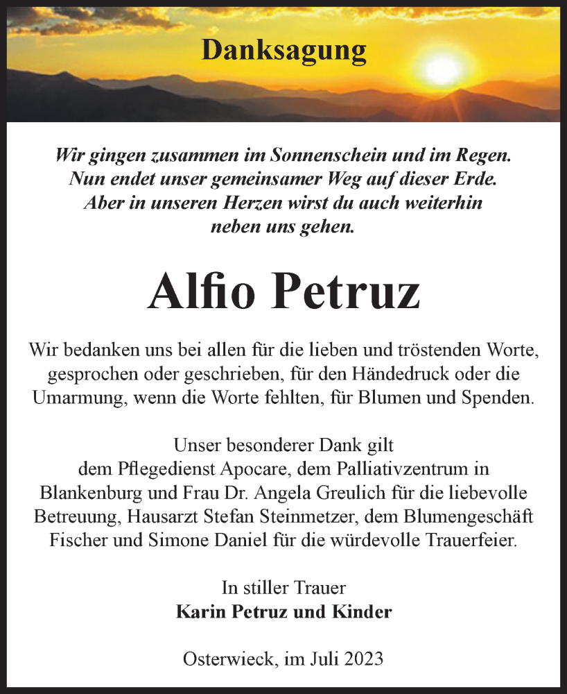 Traueranzeigen von Alfio Petruz | www.abschied-nehmen.de