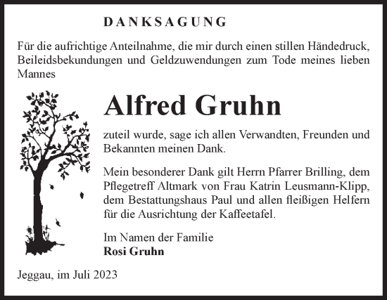 Traueranzeige von Alfred Gruhn von Volksstimme Altmark West
