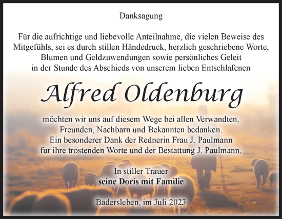 Traueranzeige von Alfred Oldenburg von Volksstimme Halberstadt