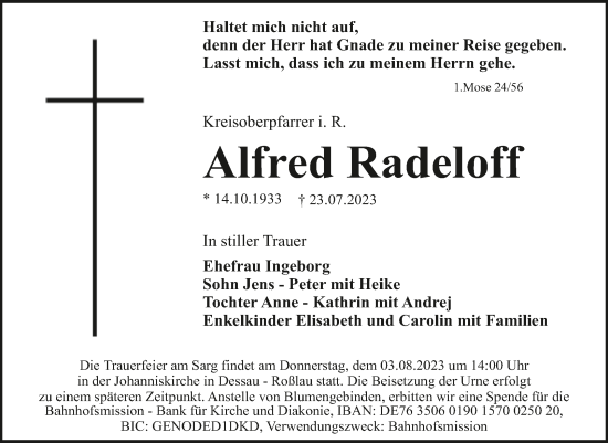 Traueranzeige von Alfred Radeloff von Trauerkombi Dessau