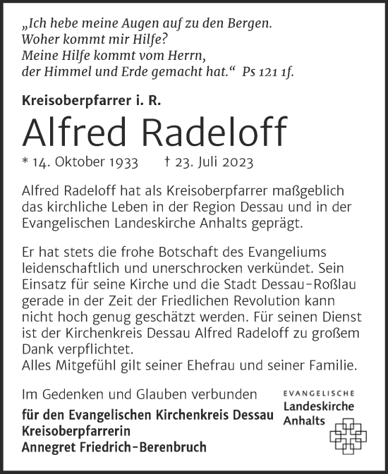 Traueranzeige von Alfred Radeloff von Mitteldeutsche Zeitung Dessau-Roßlau