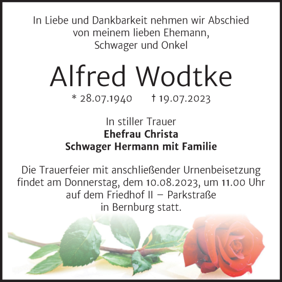 Traueranzeige von Alfred Wodtke von Trauerkombi Bernburg