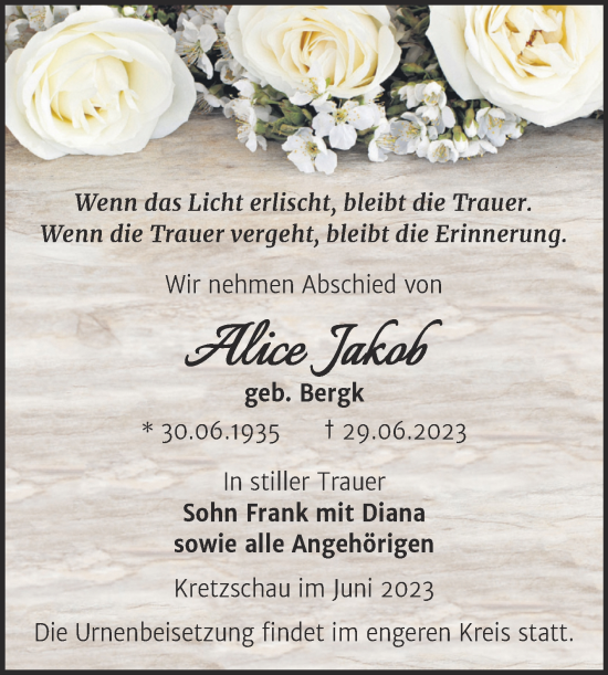 Traueranzeige von Alice Jakob von Trauerkombi Zeitz