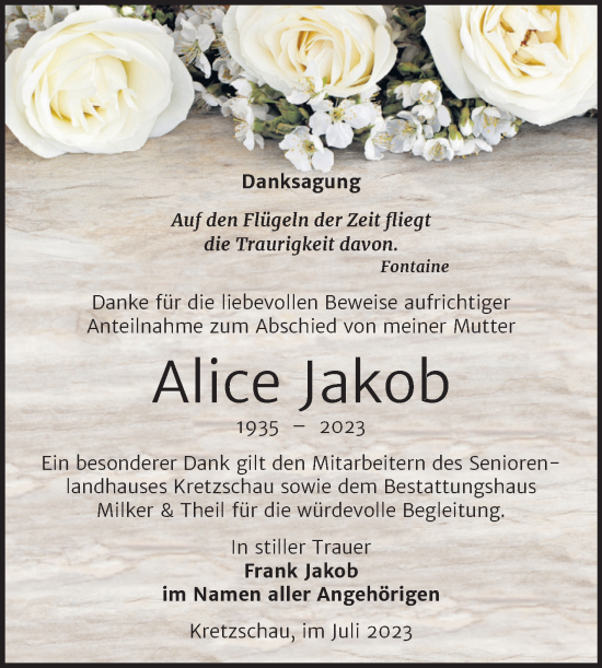 Traueranzeige von Alice Jakob von Trauerkombi Zeitz