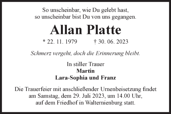 Traueranzeige von Allan Platte von Volksstimme Zerbst