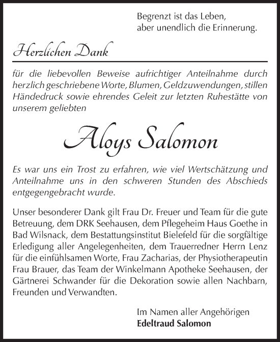 Traueranzeige von Aloys Salomon von Volksstimme Altmark Ost