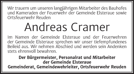 Traueranzeige von Andreas Cramer von Super Sonntag Zeitz