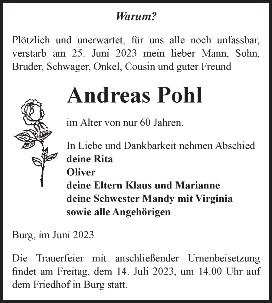  Traueranzeige für Andreas Pohl vom 01.07.2023 aus Volksstimme Burg/Genthin