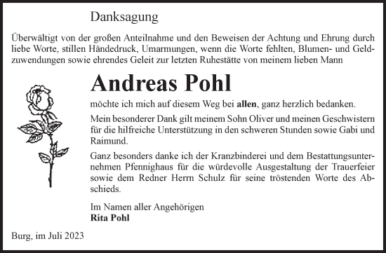 Traueranzeige von Andreas Pohl von Volksstimme Burg/Genthin