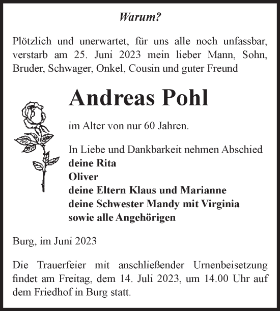 Traueranzeige von Andreas Pohl von Volksstimme Burg/Genthin