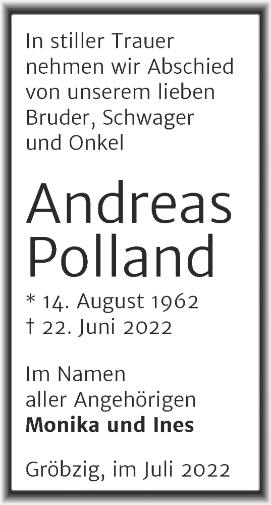 Traueranzeige von Andreas Polland von Trauerkombi Köthen