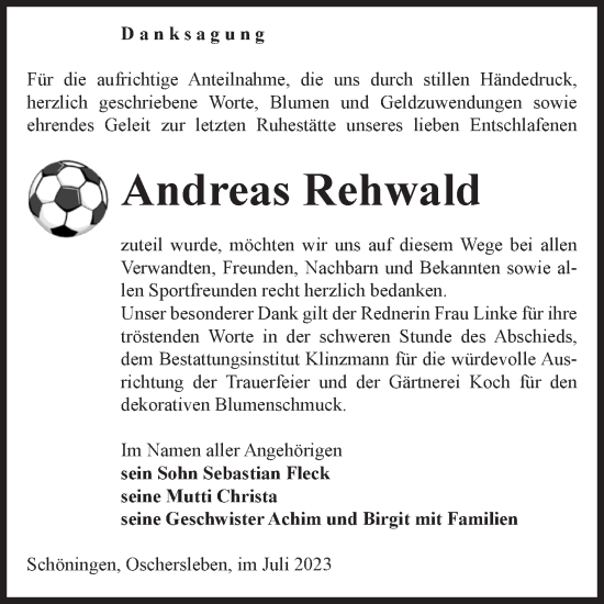 Traueranzeige von Andreas Rehwald von Volksstimme Oschersleben/Wanzleben