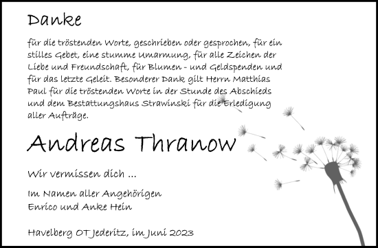 Traueranzeige von Andreas Thranow von Volksstimme Altmark Ost