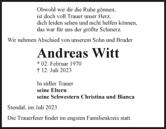 Traueranzeige von Andreas Witt von Volksstimme Altmark Ost