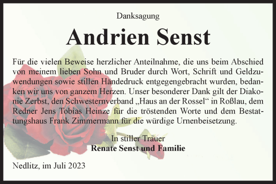 Traueranzeige von Andrien Senst von Volksstimme Zerbst