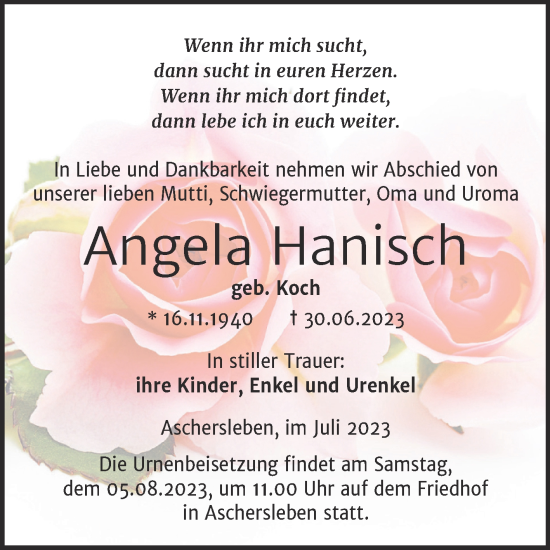 Traueranzeige von Angela Hanisch von Trauerkombi Aschersleben