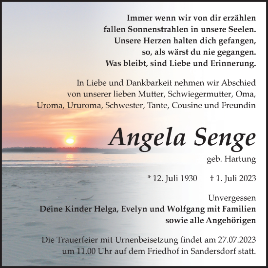 Traueranzeige von Angela Senge von Trauerkombi Bitterfeld
