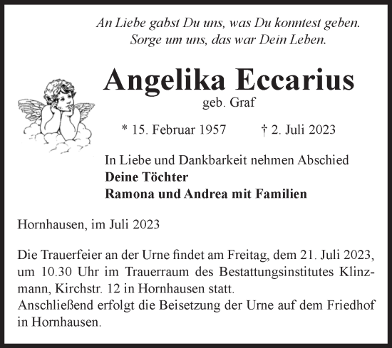 Traueranzeige von Angelika Eccarius von Volksstimme Oschersleben/Wanzleben