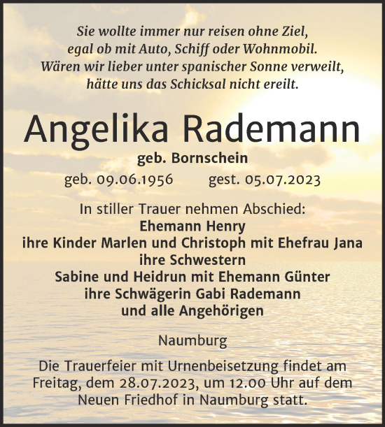 Traueranzeige von Angelika Rademann von Wochenspiegel Naumburg/Nebra