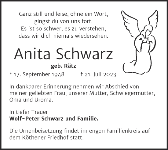 Traueranzeige von Anita Schwarz von Trauerkombi Köthen