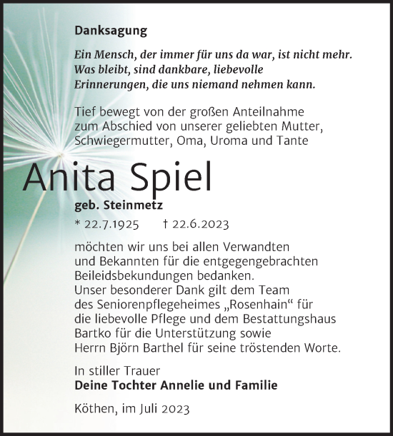Traueranzeige von Anita Spiel von Mitteldeutsche Zeitung Köthen