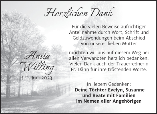 Traueranzeige von Anita Willing von Trauerkombi Dessau