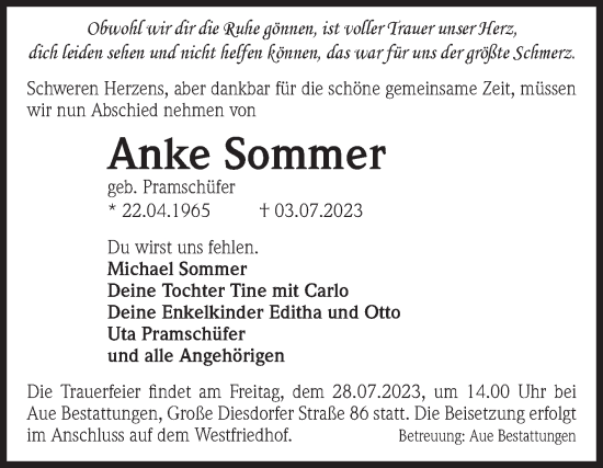 Traueranzeige von Anke Sommer von Volksstimme Magdeburg