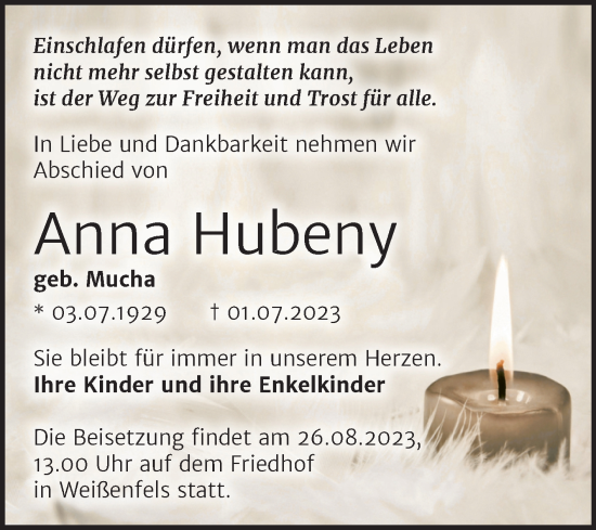 Traueranzeige von Anna Hubeny von Trauerkombi Weißenfels