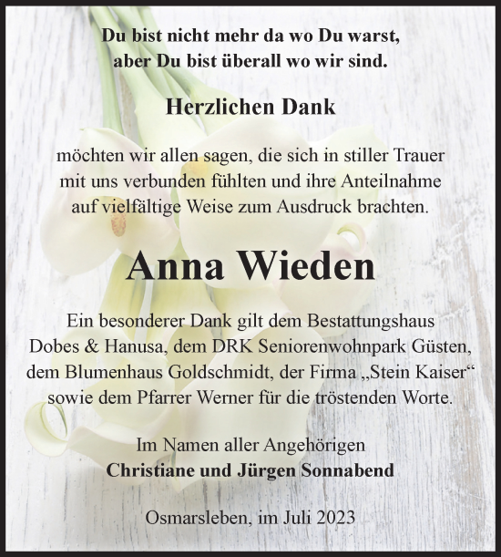 Traueranzeige von Anna Wieden von Volksstimme Staßfurt