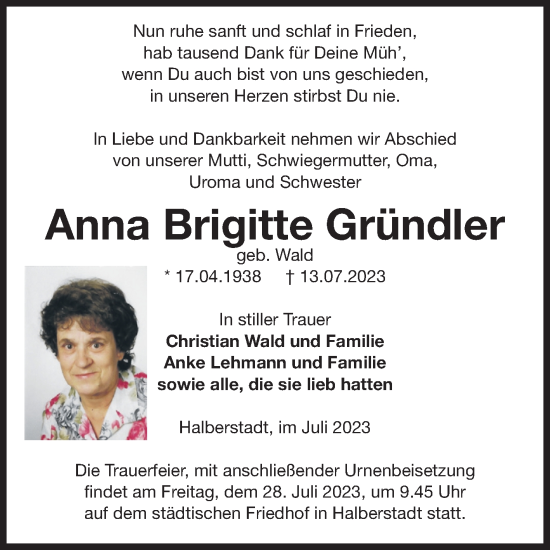 Traueranzeige von Anna Brigitte Gründler von Volksstimme Halberstadt