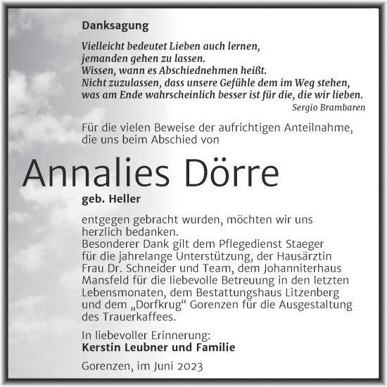 Traueranzeige von Annalies Dörre von Trauerkombi Mansfelder Land