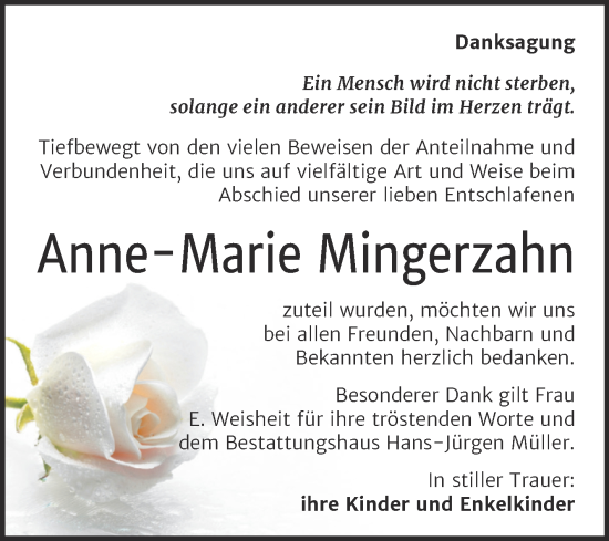 Traueranzeige von Anne-Marie Mingerzahn von Trauerkombi Aschersleben