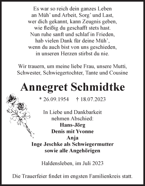 Traueranzeige von Annegret Schmidtke von Volksstimme Haldensleben/Wolmirstedt