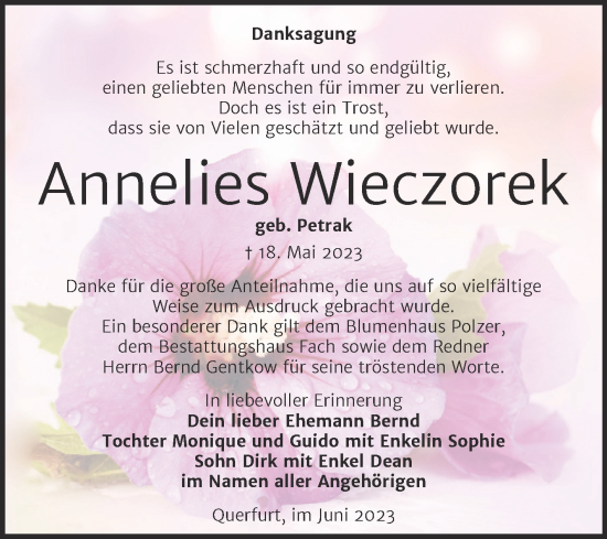 Traueranzeige von Annelies Wieczorek von Trauerkombi Merseburg