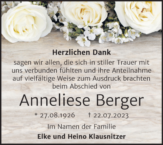 Traueranzeige von Anneliese Berger von Trauerkombi Bernburg